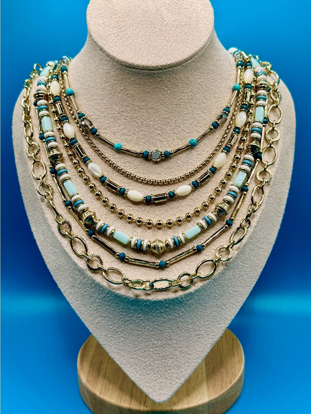 PREMIER Designs Turquoise Blue & Champagne Gold Beaded Statement Necklace